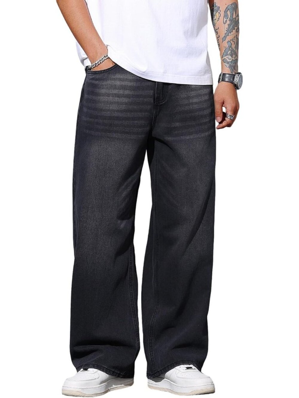 Men's Black Wide Leg Loose Fit Hip Hop Streetwear Casual Denim Pants Baggy Jeans